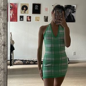 Green Plaid Halter Mini Dress
